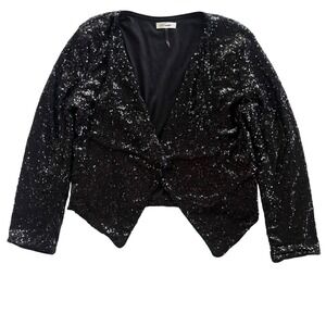 Rosette Women's M Black Sequin Long Sleeve Drape Open Front Cropped Blazer Party